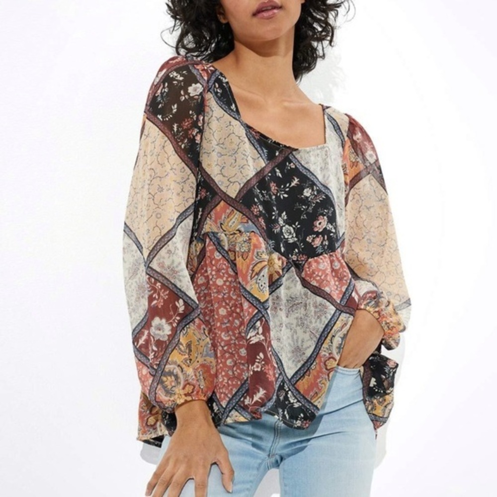 Nwot American Eagle Bohemian Patch Floral Long Sleeve Flowy Blouse size M